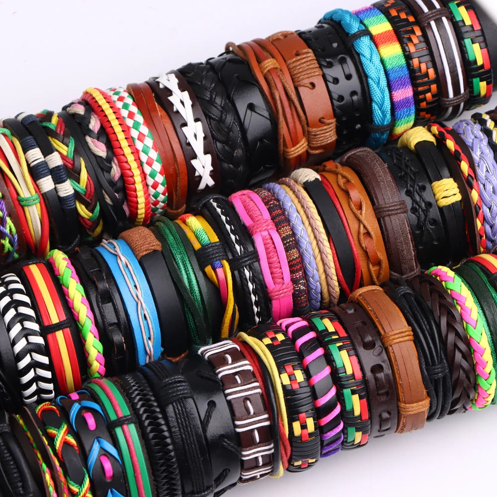 10/20/30/50/100Pcs/Lot Fashion Hand Woven Adjustable Leather Bracelets For Men Retro Style Jewelry Accessories Gifts Wholesale