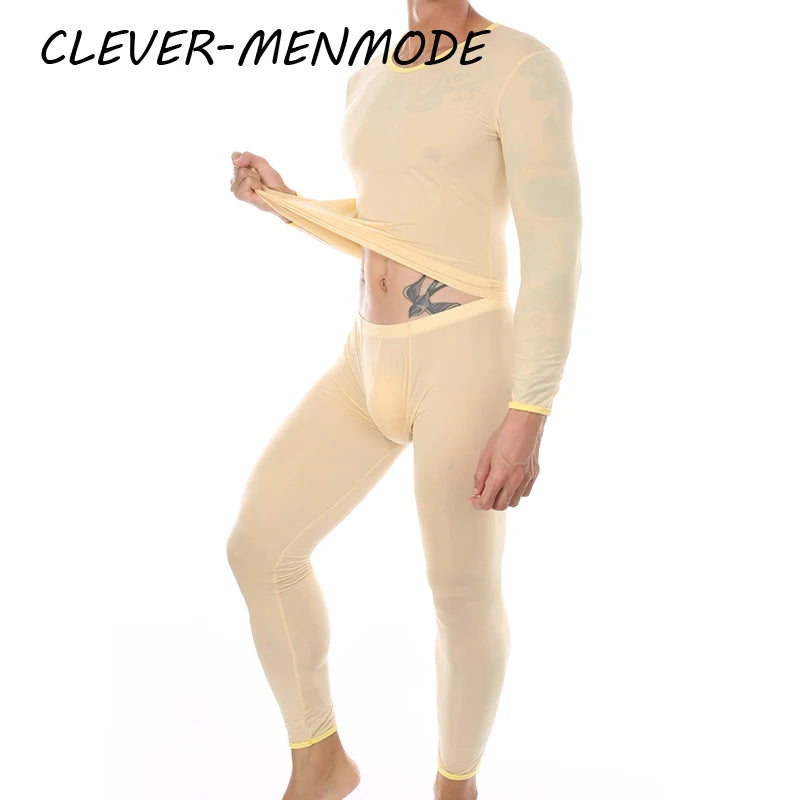 Men's Sexy Transparent Underwear Arrangement Sheer Ultra-Thin Seamless Warm Long Johns Ice Silk Comfortable Long Pajama Set