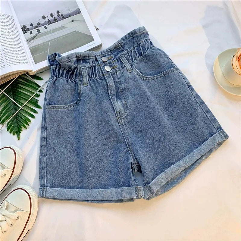 High Waist Wide Leg ort Jeans Women's Loose Slimming A-Line Pants Summer Casual Waed Denim Roll up Hem Floral Print