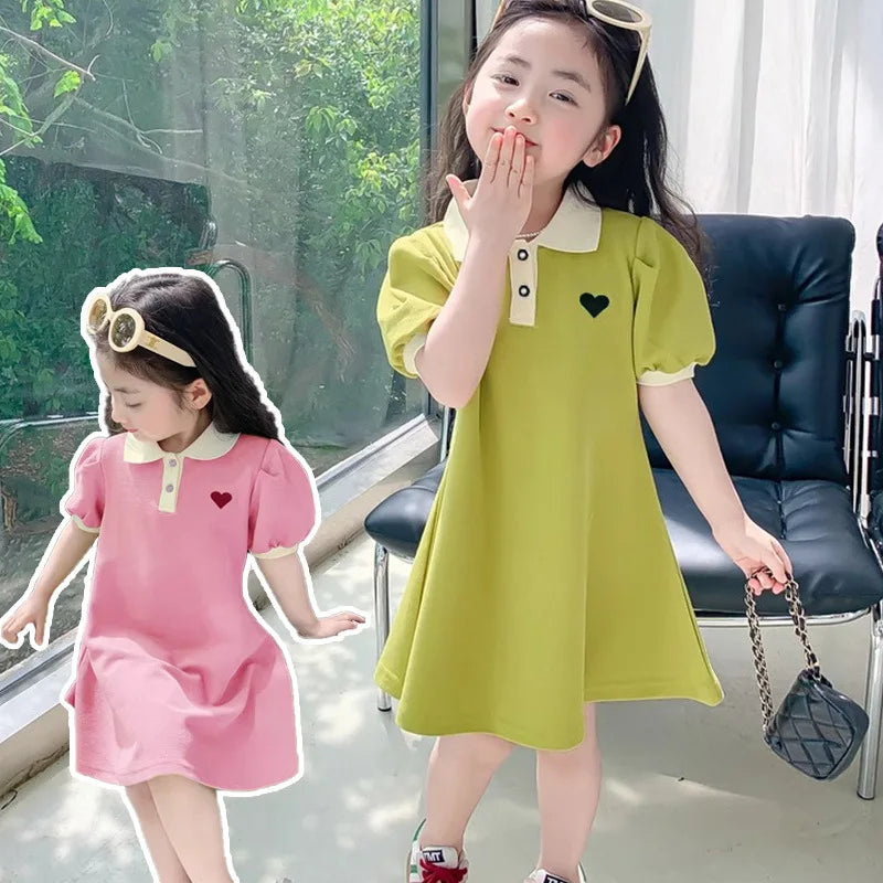 2025 New Children's Dress Girls' Summer Korean Edition Striped Strawberry Lapel Casual Dress 1-10 Years Old