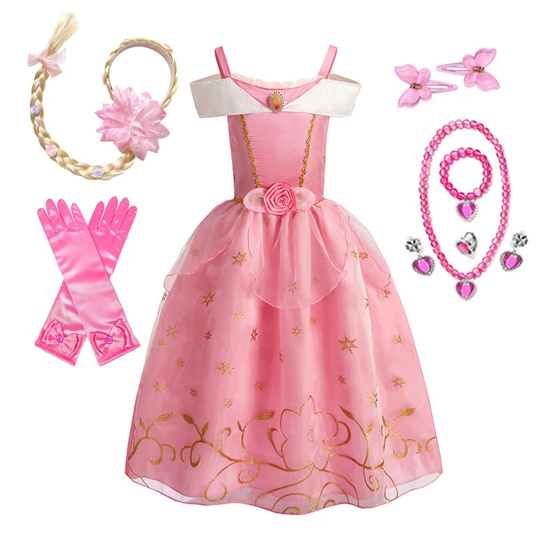 Kids Girls Fairytale Princess Fancy Dress Pink Embroidered Tulle Cosplay Outfit for Halloween Carnival Birthday Daily Wear