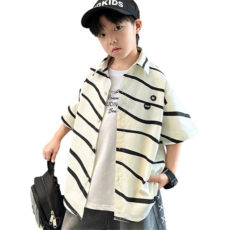 New Kids Designer Asymmetrical Striped Shirts For Boys Summer Short Sleeve Cotton Blouse Top Kids Outfits Teenage Clothes 5-14Y