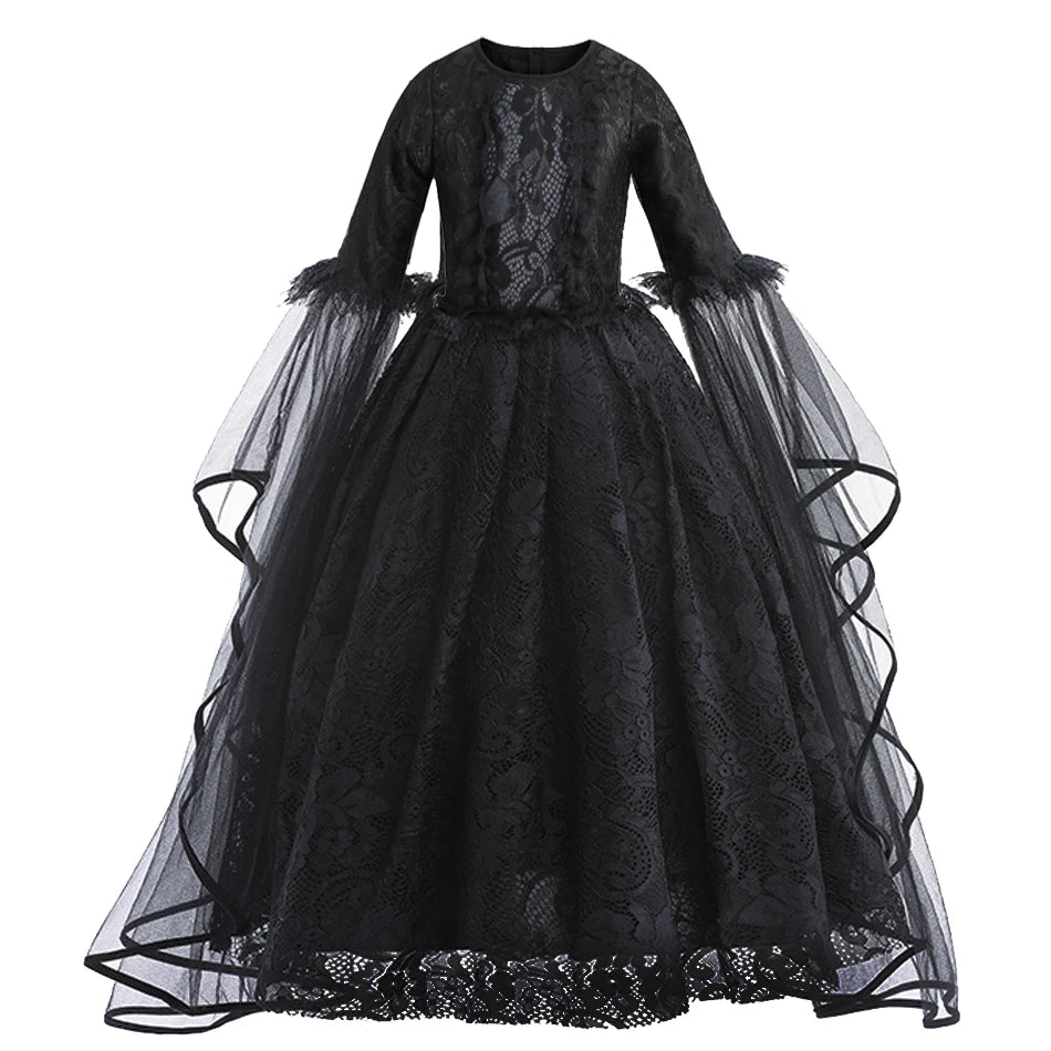 Kids Halloween Costumes Witch Dress Dark Theme Girls Party Dresses Children Lace Sleeves Evil Queen Luxury Carnival Gown