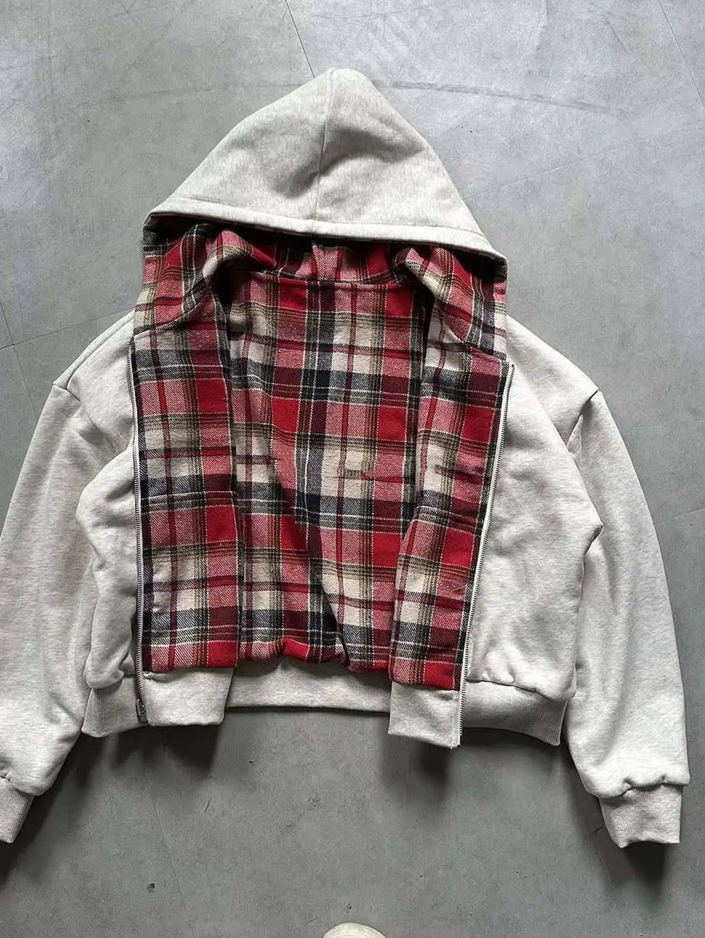 Autumn and winter street double-sided y2k personalized plaid zipper hoodie hooded sweatshirt