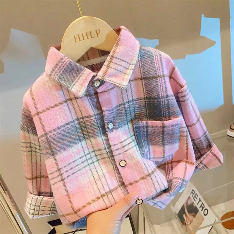 Kid's Long Sleeve Shirts 2-7Y 2024 Autumn Boys Vintage Plaid Shirt Girls Casual Turn Down Collar Blouse Children's Base Tops