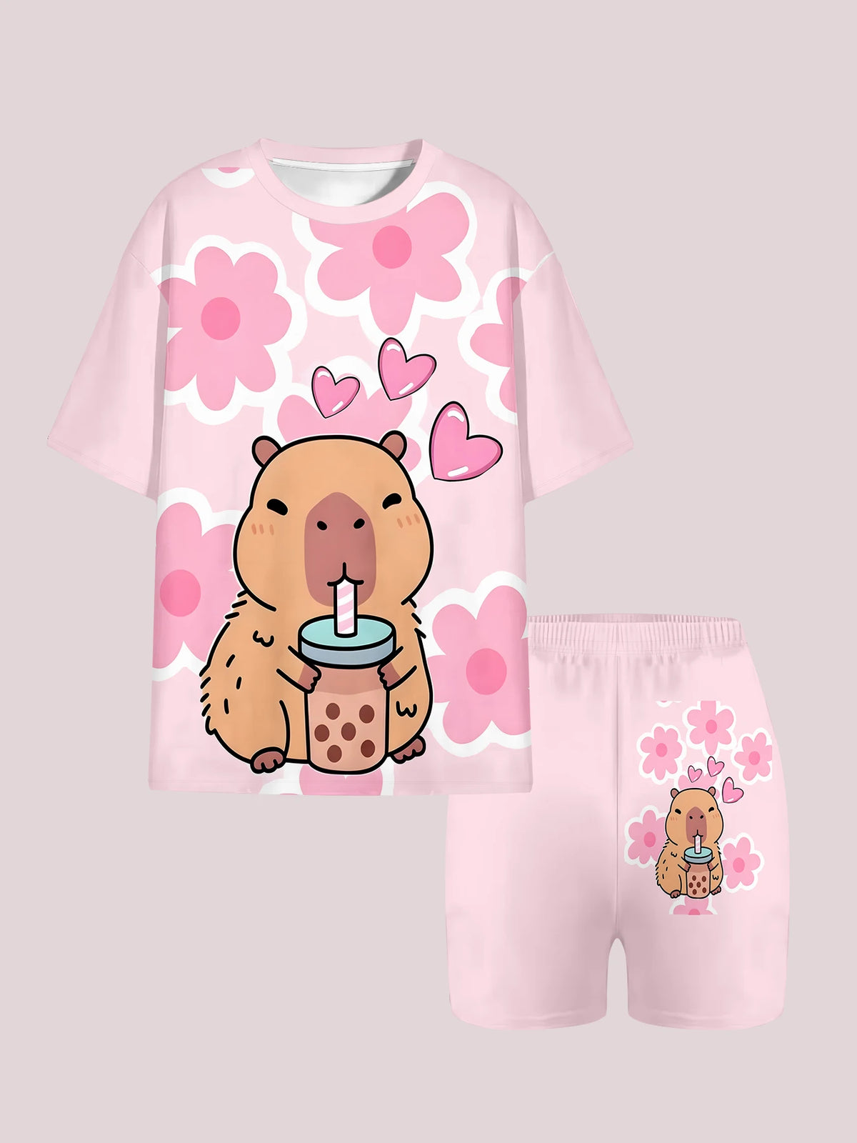 Kawaii Capybara Print Kids Pajama Set 2Pcs Girls Short Sleeve T-shirt Shorts Loungewear