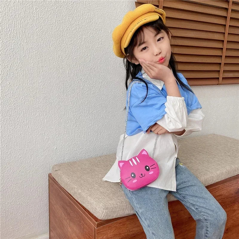 Baby Girls PU Leather Small Shoulder Crossbody Bags Cute Cat Kids Coin Purse Wallet Fashion Children's Mini Handbags