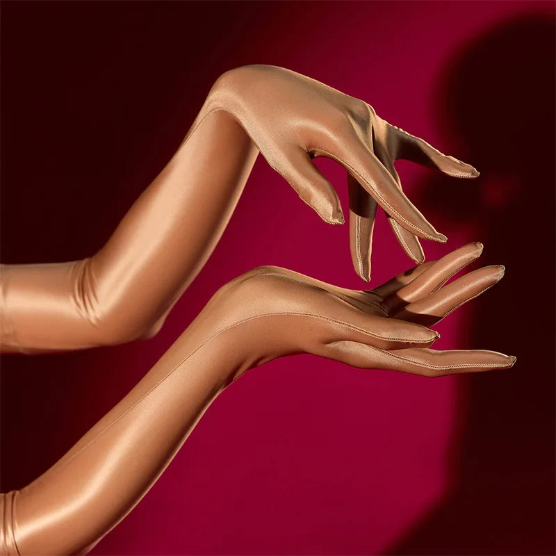 Women Sexy Gloves Oil Shiny Anti-Hook Five-Finger Elastic Silk Smooth High Density Elastic Summer Sunscreen Long Sleeves Cover