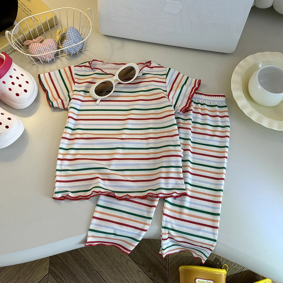 Kids Summer Striped Polka Dot Pajamas Set Baby Girls Short Sleeve Tops+Pants 2PCS  Soft Breathable Loungewear Clothes Set