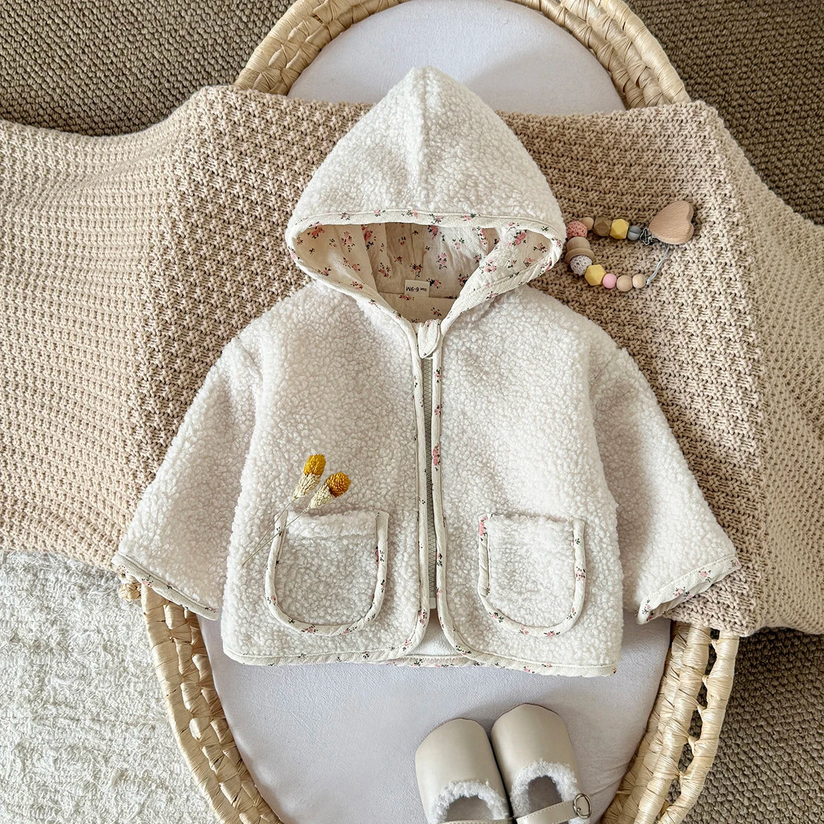 Toddler Baby Girl Jackets Long Sleeve Small Floral Plush Hooded Jacket with Two Pockets Kids Coats Outerwear Children Clothing