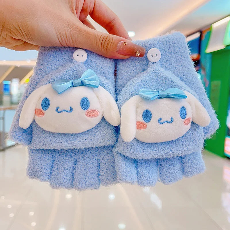 Children's Warm Gloves for Boys and Girls Cartoon Cute Half Finger Knitted Winter Flip Cover Baby Thick Cold Proof Five Fingers