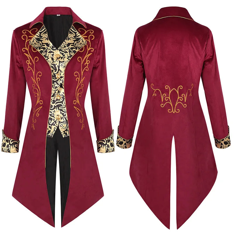 Red Black Purple Colors Men's Steampunk Style Retro Design Mid-length Tailcoat Jacket Gothic Era Frock Uniform Jacket
