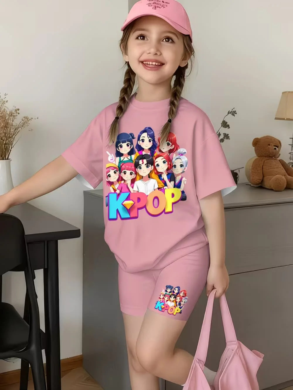 Kpop Cartoon Print Pajamas Sets Kids T-Shirts Funny Gift Harajuku Kids Short Summer Tops Short Sleeve Sets Children's Clothing