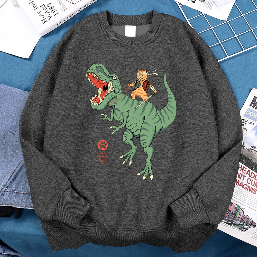 Japanese Harajuku Riding Dinosaur Cat Men Women Hoodie Fashion Fleece Hoodies Autumn Casual Clothing Fleece Oversized Streetwear
