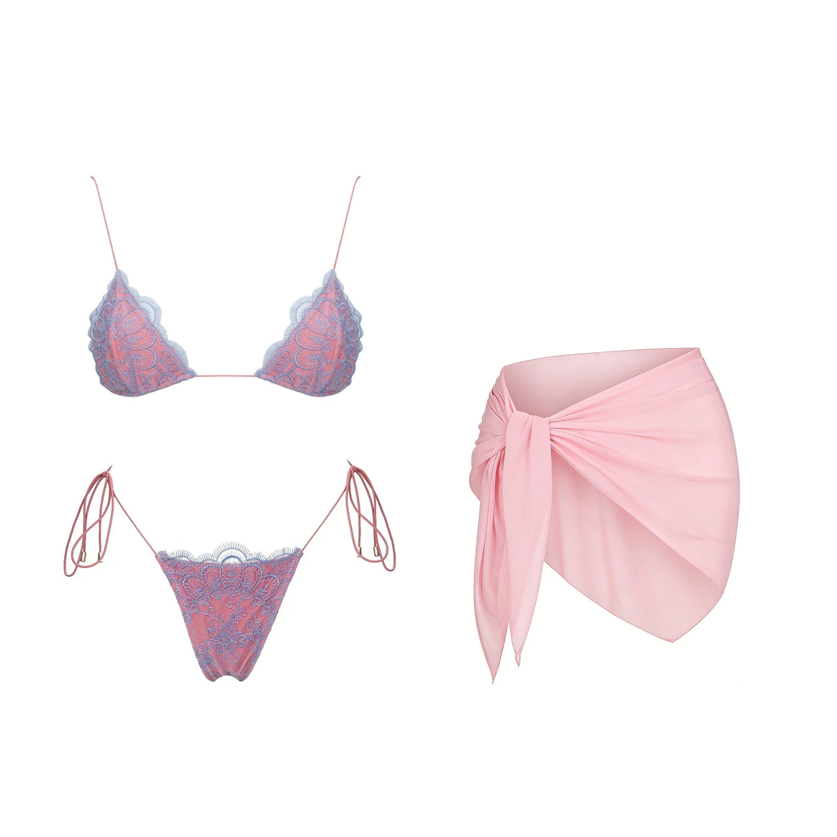 Mesh Bikini with Pants Swimsuit Brazilan Bikini Set Swimwear for Women Lace Halter Shirring 3 Pcs Bathing Suits Summer Female