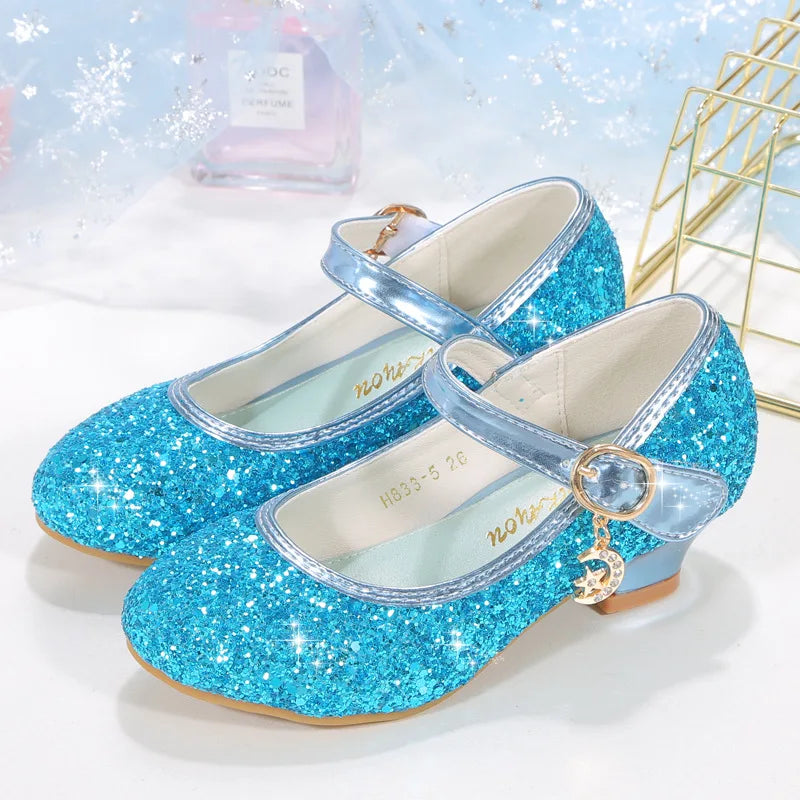 2025 New Children High Heels Red White Pink Sliver Girls Sequin Princess Shoe Four Seasons Students Dance Performance Show Shoes