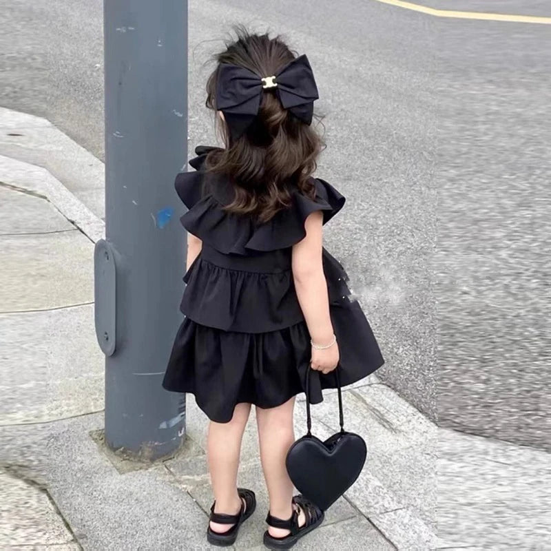 Korean Children's Clothing Girls' Summer Dress Kids Black Fly Sleeved Dress Girls Fashion Kids Outfit Layered Dresses For Girls