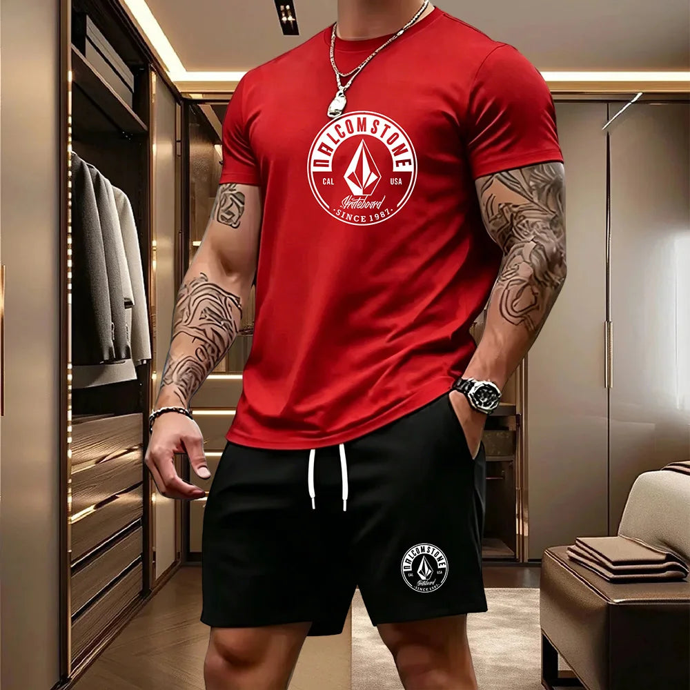 Men's Casual Sportswear 2-piece Set Classic Short Sleeved T-shirt+drawstring Pocket Shorts Street Skateboarding Outdoor Outfit