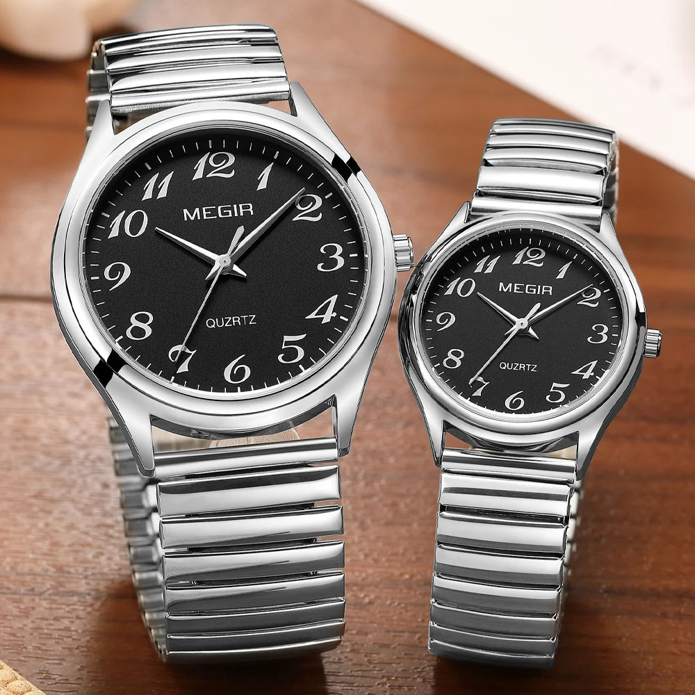 MEGIR Top Luxury Couple Watch for Men Women Golden Stainless Steel Quartz Wrist Watches Lovers Analog Wristwatch Waterproof