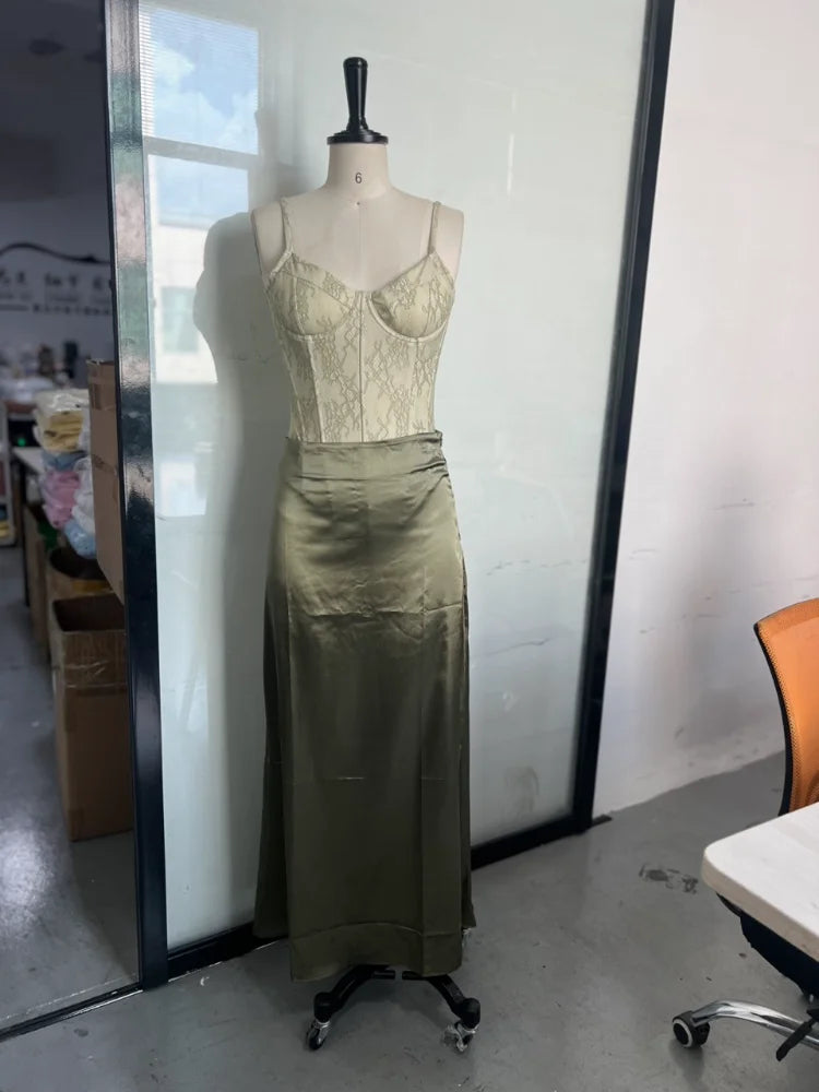 Elegant Women Summer Party Dresses Sets 2 Pieces Lace High Waist Lace Up Spaghetti Strap Tops Satin Zipper Party Skirt Outfits