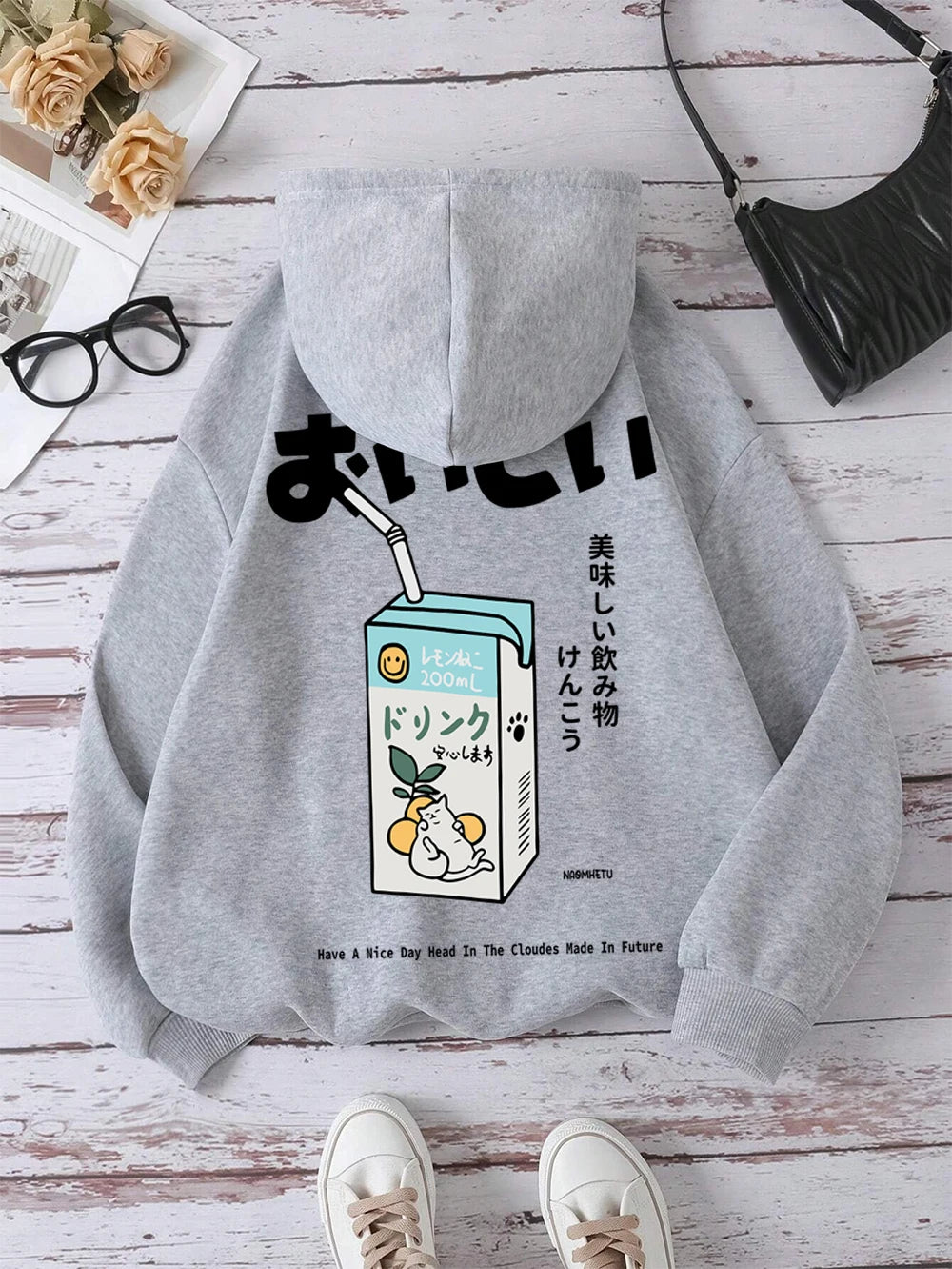 Kawaii Japanese Harajuku Cat Print Hoodie Men Women Fashion Loose Hoody O-Neck Casual New Sweatshirt Pocket Fleece Couple Hoody