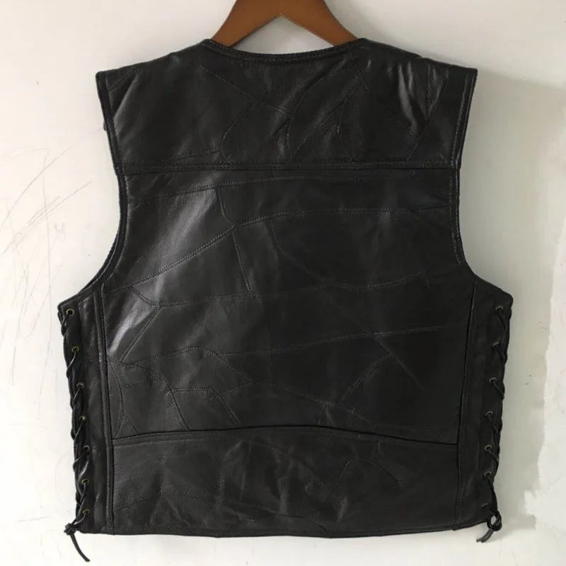 Classic motorcycle leather jacket  Men's vest  Leather patch shirt Cycling jacket  Plain leather patching