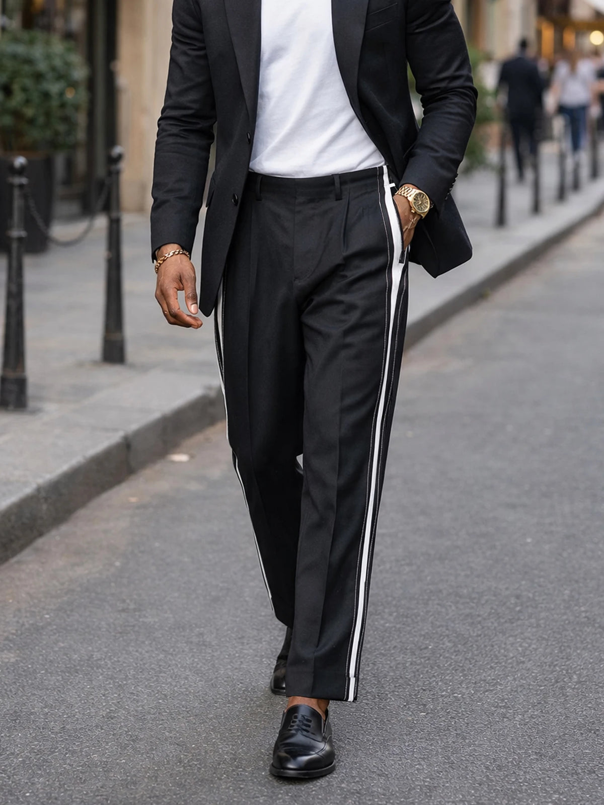 2026 SS Men's Color Block Spliced Suit Pants, Slight Stretch, Loose Straight Business Daily Pants Belt Not Included
