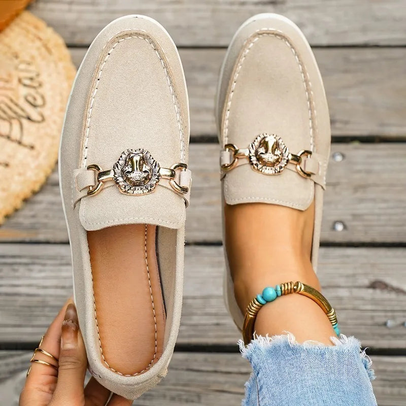 Women Loafers Casual Shoes Suede Flats Lion Head Metal Buckle Slip On Moccasins Ladies Comfortable Walking Driving Shoes New2026