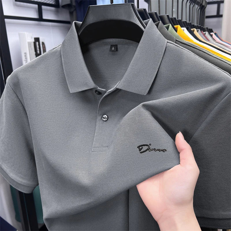 Men's Summer High-End Printed Golf Polo Shirt with Collar, Solid Color, Breathable, Office Casual, High-Quality Men's Clothing