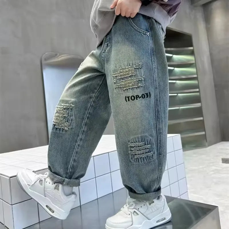 Boys Fashion Jeans Autumn Children Denim Loose Pants Teenager Spring Baggy Trousers New Kids Casual Handsome Clothing 4-12Y