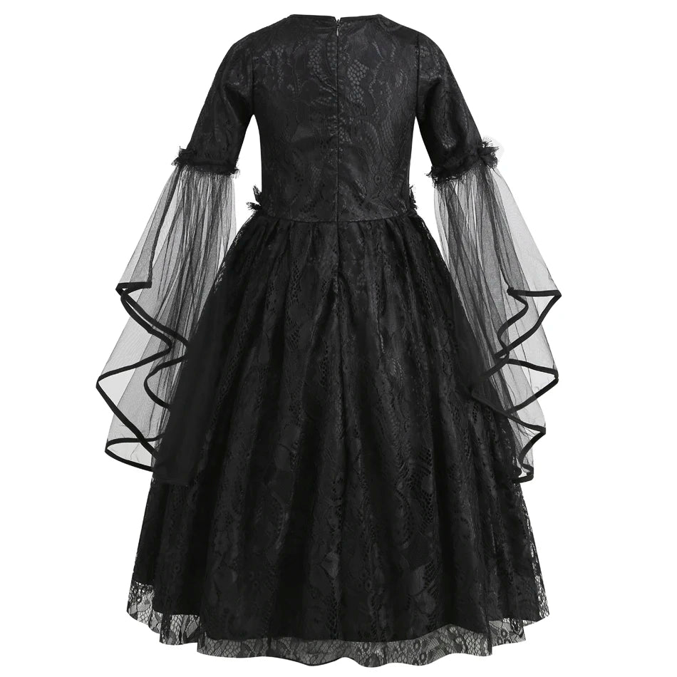 Kids Halloween Costumes Witch Dress Dark Theme Girls Party Dresses Children Lace Sleeves Evil Queen Luxury Carnival Gown