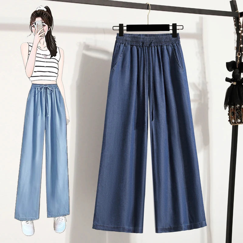 Women's Summer Slim Straight Leg Jeans Wide Leg Ice Silk Casual High Waist Trousers Cotton Polyester Blend No Ironing Needed