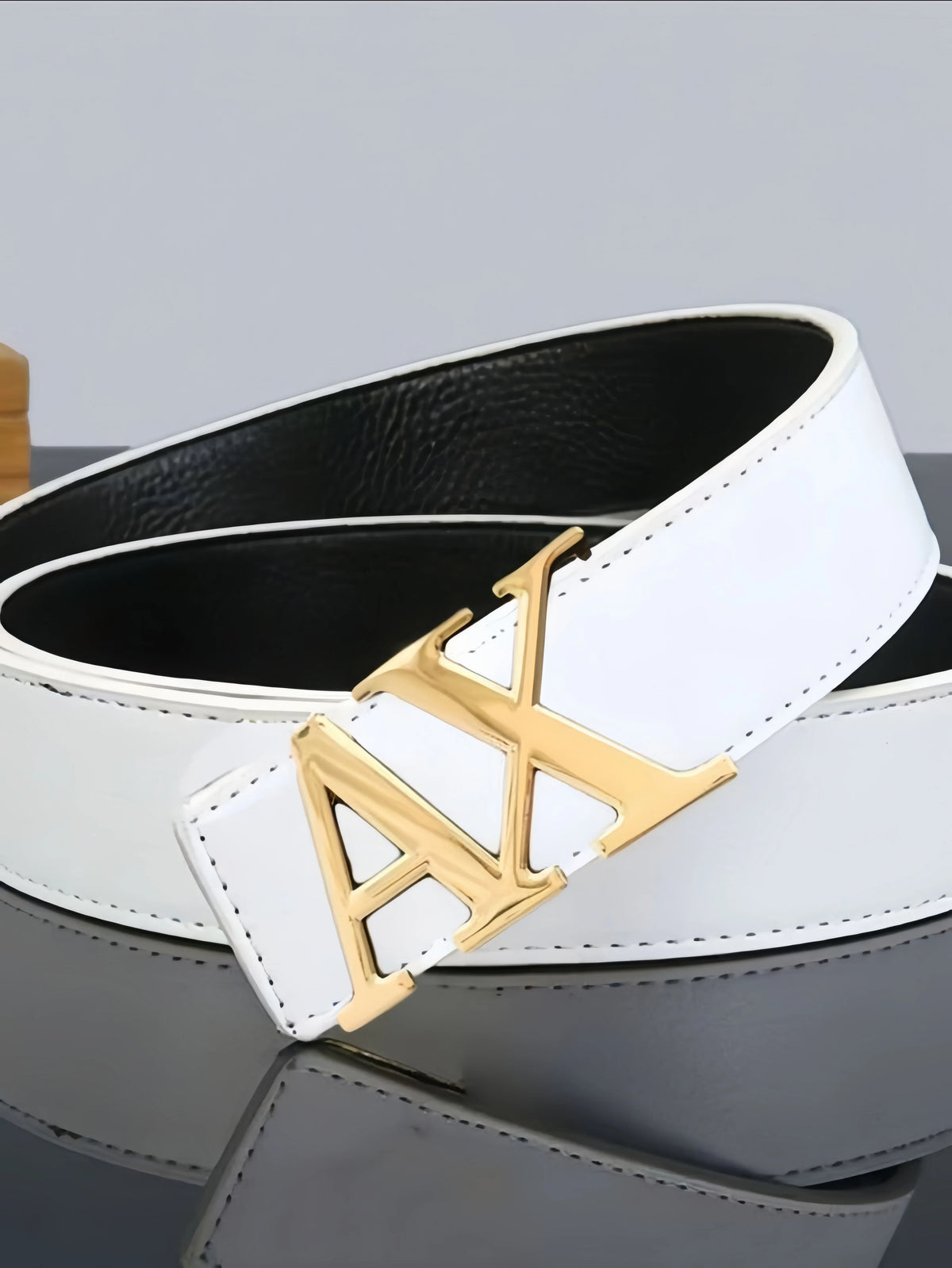 Men's  Belt with Silver A - Shape Automatic Buckle, Slim Business Casual Waist Strap for Dress Pants, Black