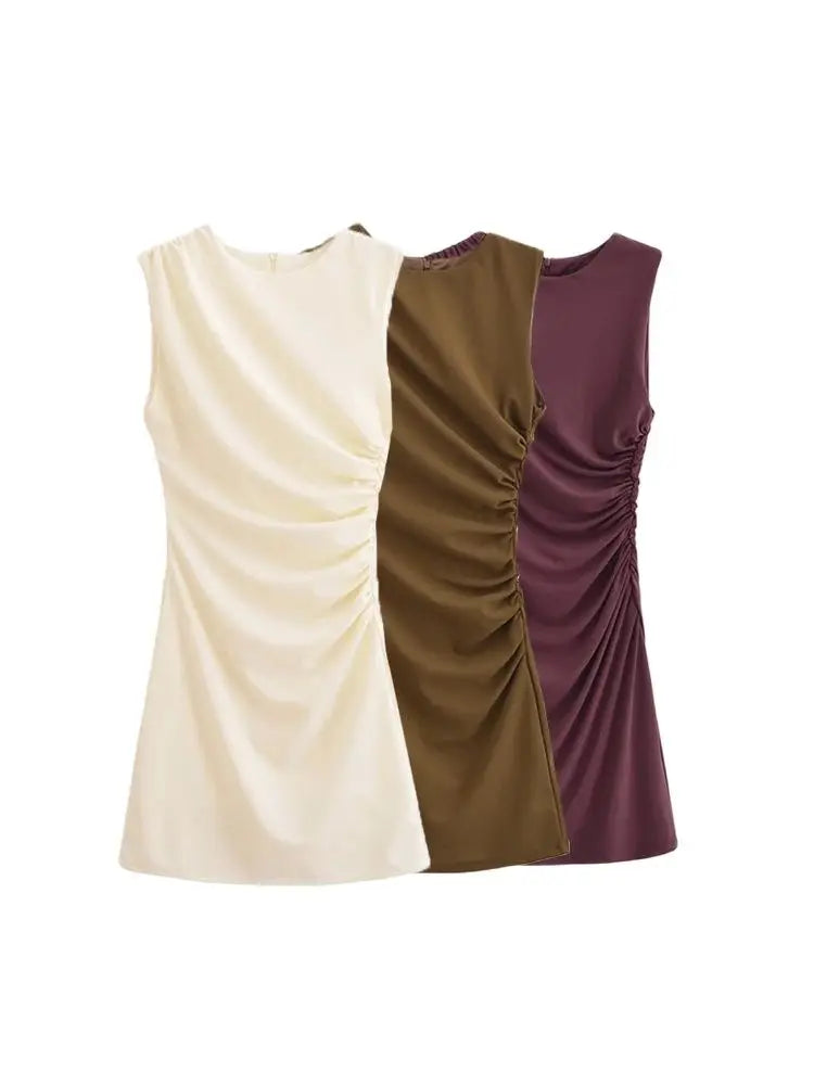 Women's Draped Mini Dress, O Neck, Sleeveless, Back Zipper, Female Dresses, Sexy Fashion