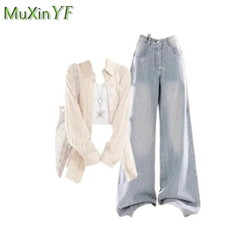 2026 Summer New Korean Elegant Denim Pants Matching Set Women's Fashion Sunscreen Shirt+Strap+Loose Wide Leg Jeans 3-Piece Suit