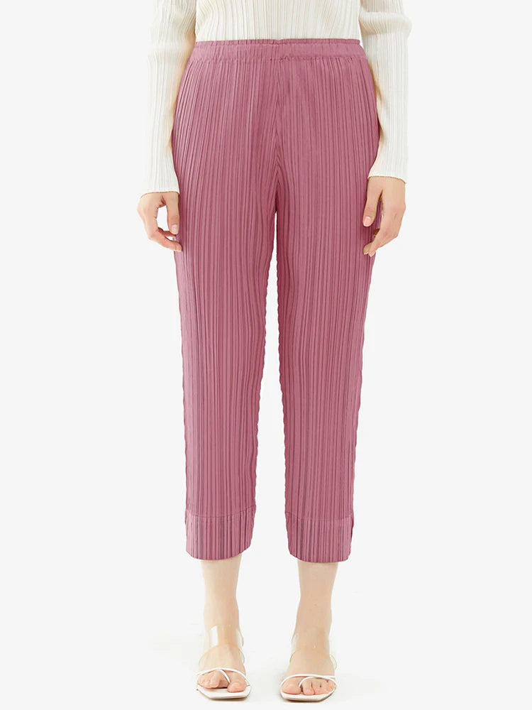 Miyake Pleated Simple Casual Ankle-Length Pants Spring Summer Autumn Pencil Pants Korean Fashion Women Basics Trousers In Stock