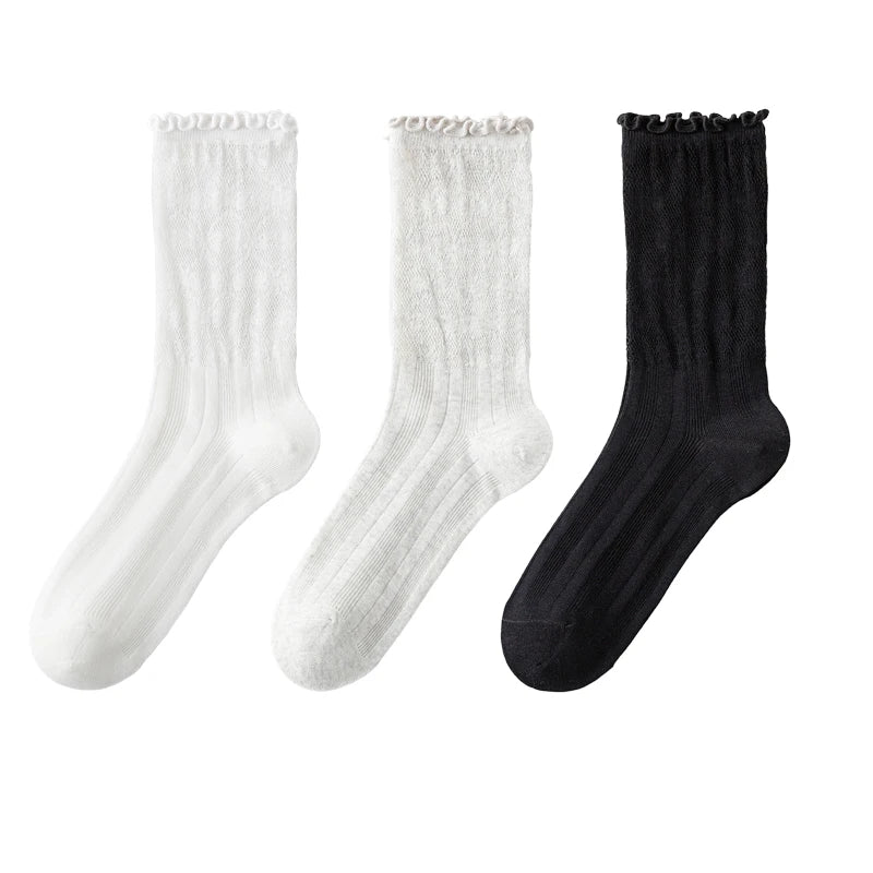 3 Pairs Women Socks Spring Summer Solid Color Thin Mesh Breathable Cute Lace Fashion Korean Style Long Socks for Women