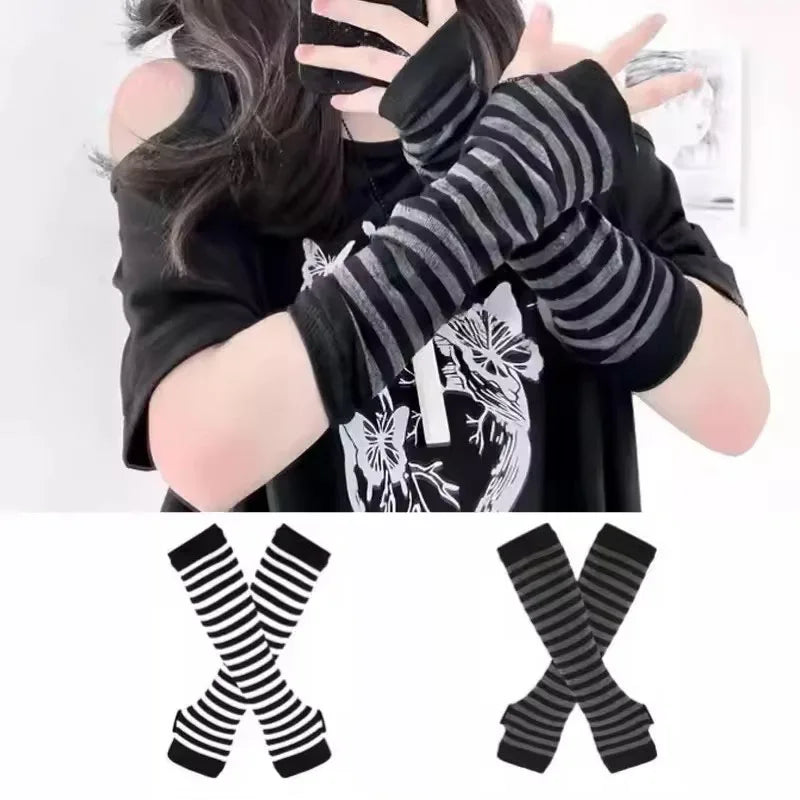 Women's Winter Knitted Gloves Girls' Cotton Fingerless Long Bracelet Arm Warmth Long Sleeve Striped Elbow Protection