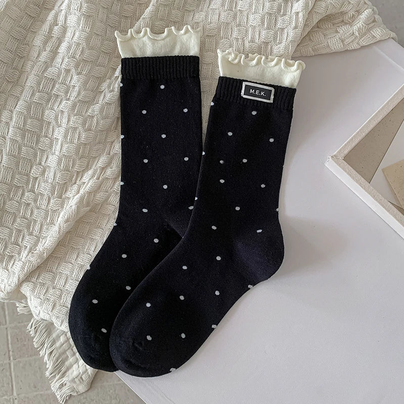 Socks For Women New Dots Cute Frilly Casual Fashion Long Socks Breathable Preppy Style Ladies Novelties Socks Cotton Soft Comfy