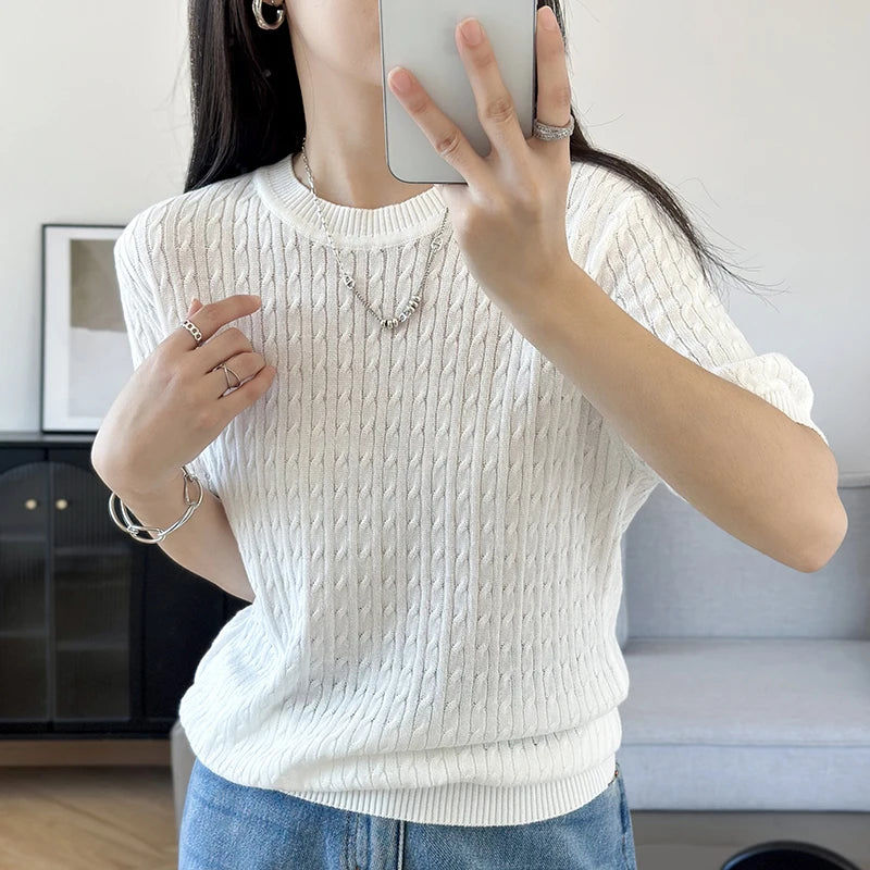 WinvyNee Summer Women’s 100% Cotton Sweaters T-Shirt Short Sleeve O neck Solid Knitwears Pullover Female Tops Spring A1002025