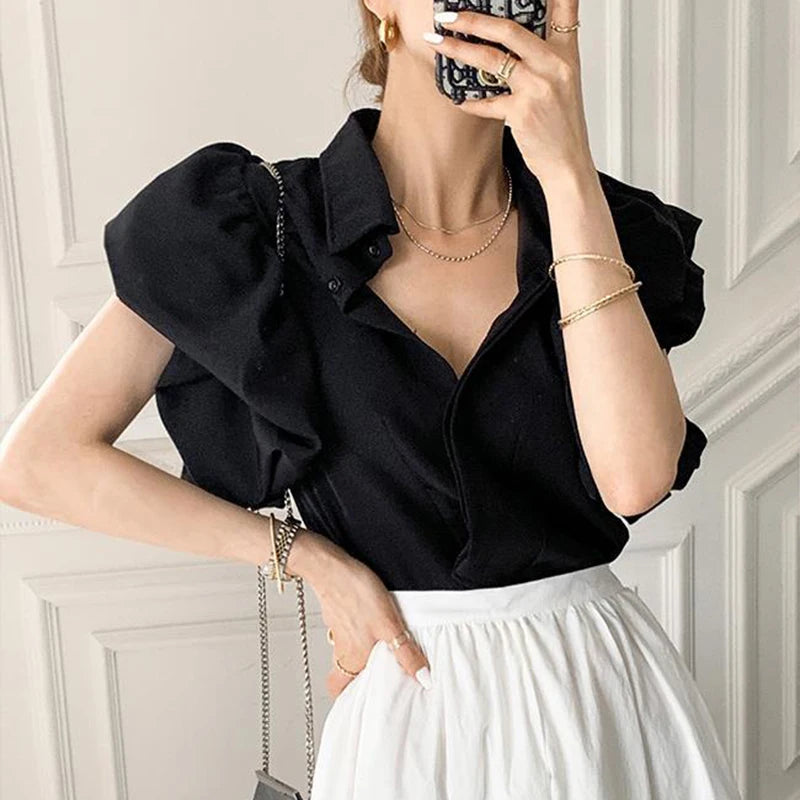 Gidyq Y2K Women Chiffon Black Shirts Summer Fashion Elegant Puff Sleeve Tops Korean All Match Female Casual Blouse New