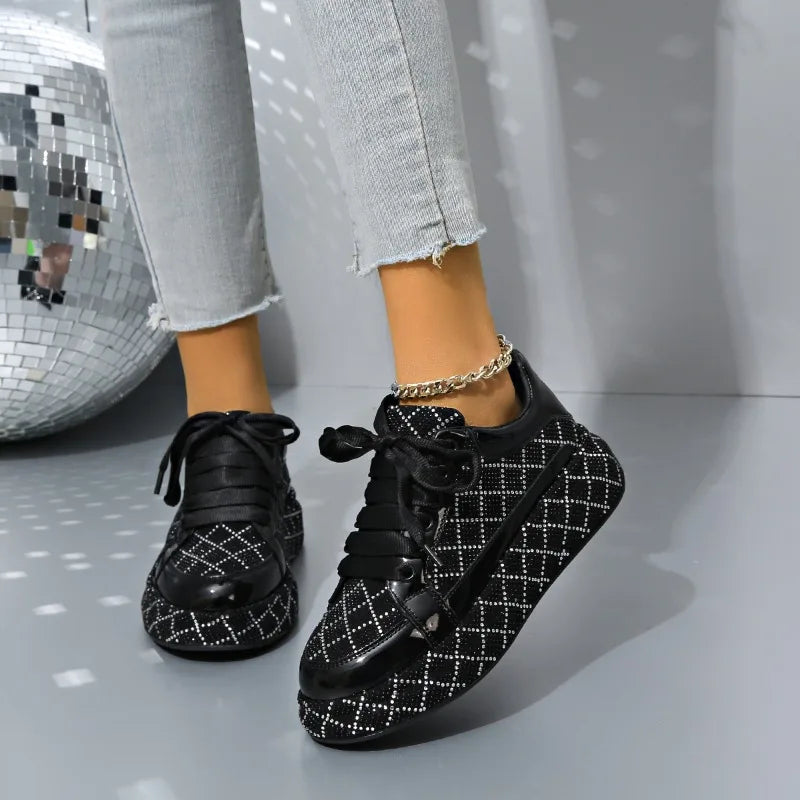 Designer Women's Sneakers Crystal Rhinestone Sparkles Shoes Luxury Platform Shoes Womens Trainers Fashion Lace-up Casual Shoes