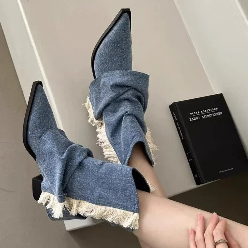 Boots Women 2024 New Four Seasons Western Blue Vintage Pointed High Heels Outdoor Fashion Walking Short Shoes Comfortable