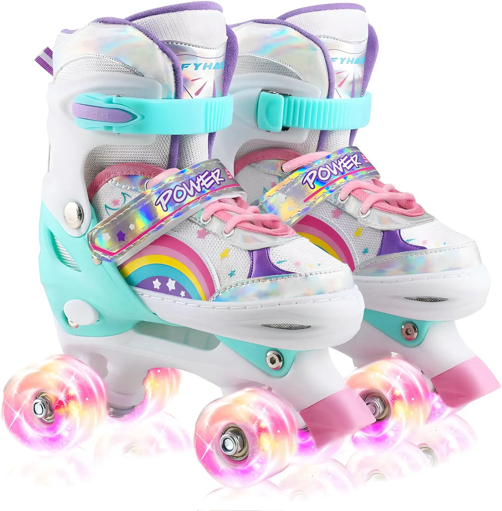 Boys Girls Kids Skates Children Roller Skates Skating Shoes Sliding Adjustable Quad Sneakers PU Flashing 4 Wheels Roller Skates
