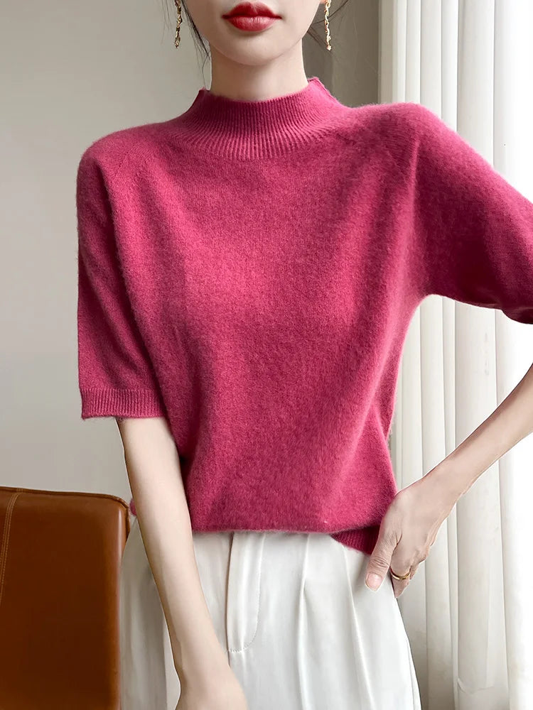 Short Sleeve Women Sweater Basics 30% Merino Wool Female Knitted Pullover Summer Clothing Tops Solid Casual Mock Neck T Shirts