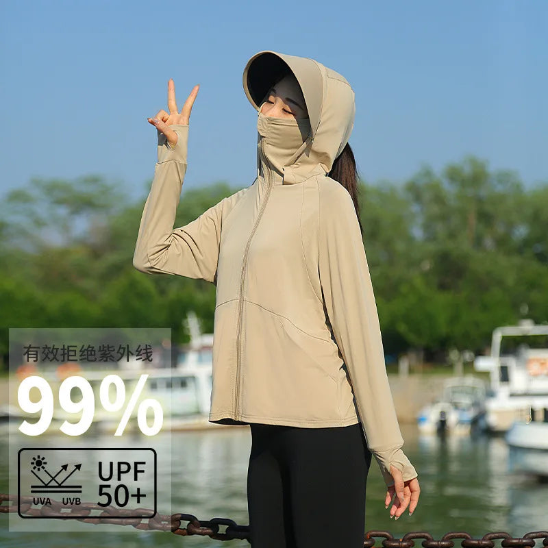 Adult Ice Silk Hooded Sun Protection Jacket Older Kids Outdoor Sports UV Protection Clothing Women's Hooded Sun Protection Coat