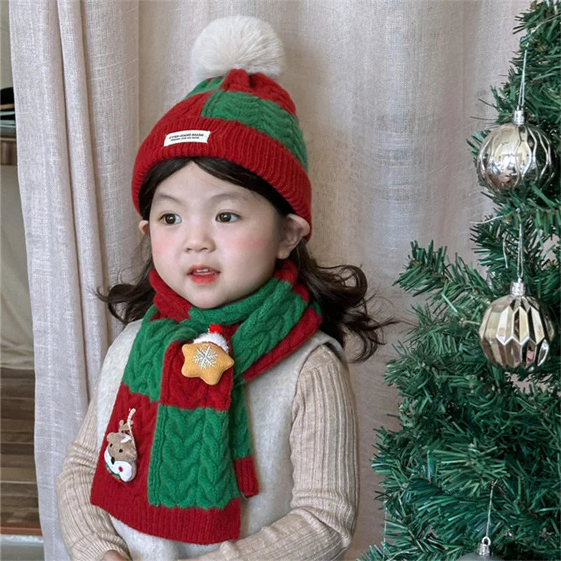 Kids' Christmas Knitted Wool 2in1 Scarf & Beanie Set - Winter Warm, Festive Decor, Unisex