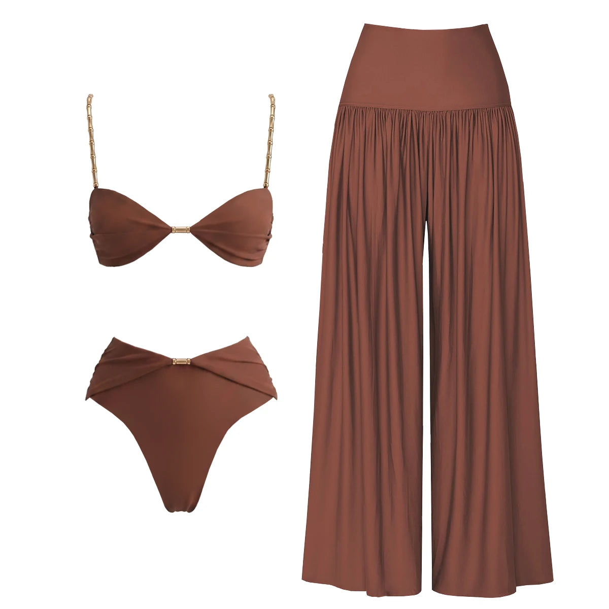 New Solid 3 Pieces Bikinis Sets With Mesh Pants Push Up Beachwear Sexy Women's Swimsuit Cover-ups Strappy Beach Wear