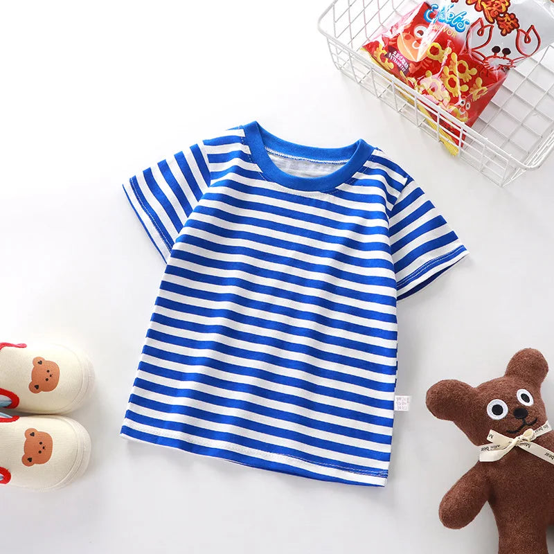 1pcs Kid 100% Cotton Short Sleeve T-shirt Summer Baby Comfortable Clothes Boys Girls Stripe Tee Children Breathable Leisure Tops