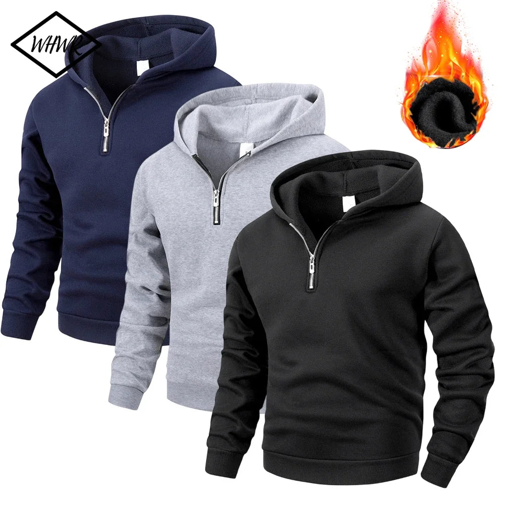 Men Casual Half - Zipper Fleece Sweatshirts Tops Men Sport Classic Fleece Warm Hooded Outdoor Zip Hoodie Basic Pullover S-2XL
